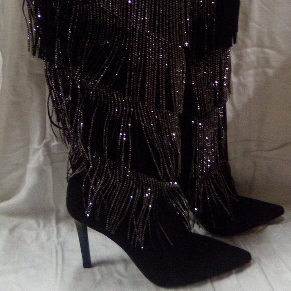 INC Womens Black Metallic Fringed Shynf Pointed Toe Stiletto Knee-Hi Dress Boot - Picture 2 of 7